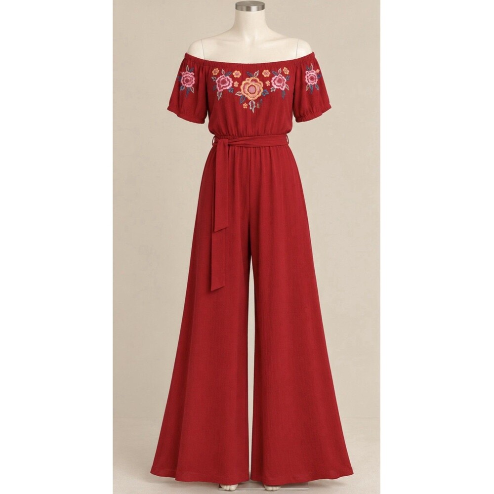 BOSTON PROPER Red Embroidered Off Shoulder Wide Leg Jumpsuit M EUC Boho Floral